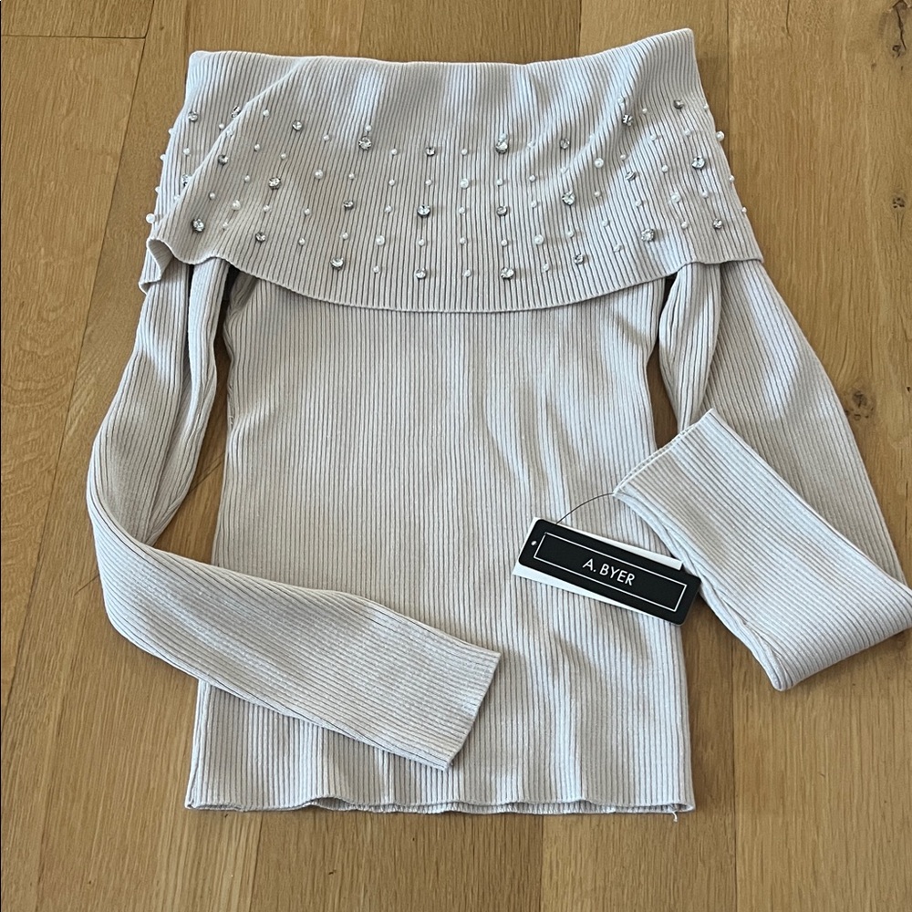 A. Byer Off-Shoulder Sweater with Pearl Details - Cream